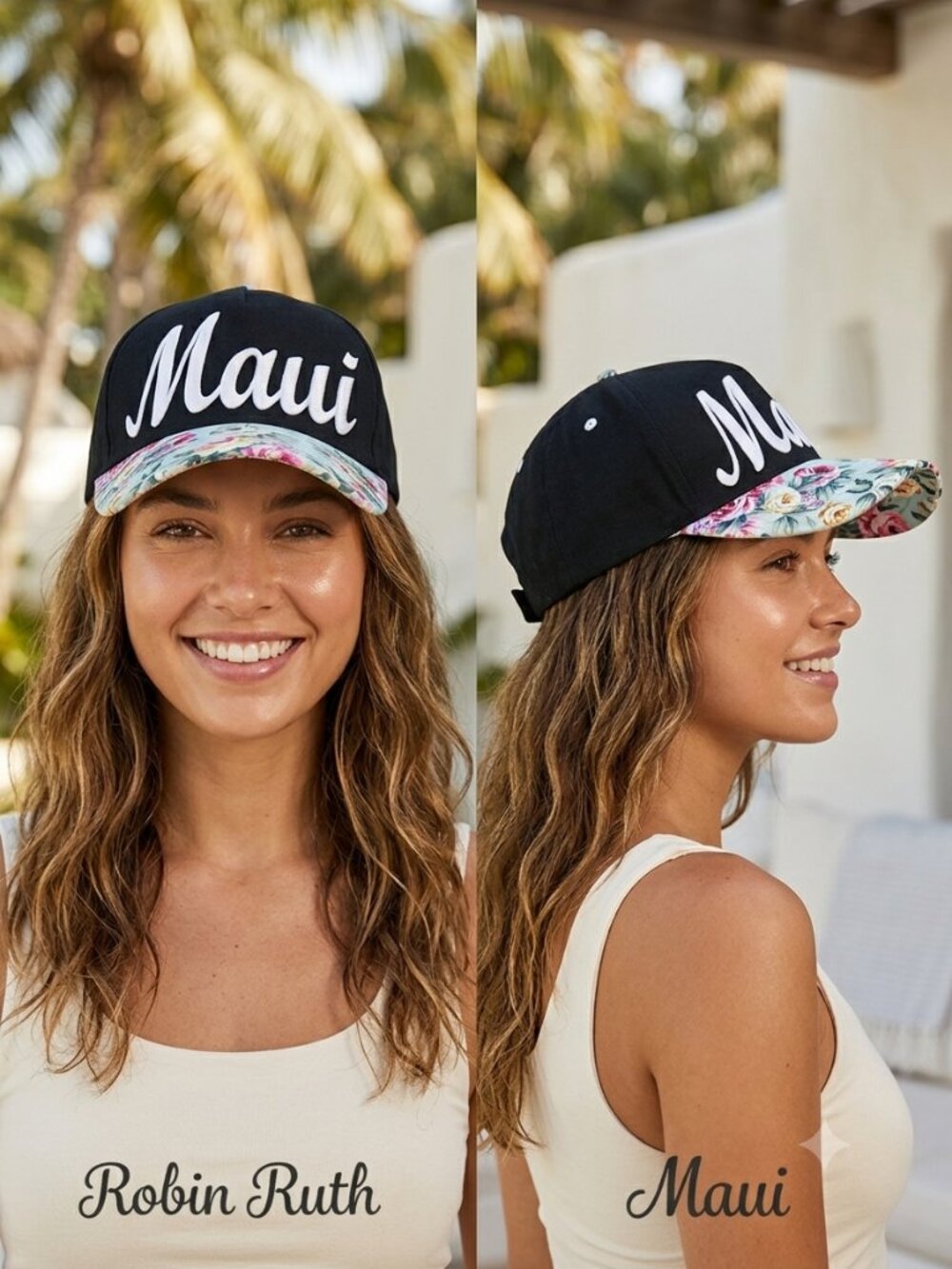 Maui by Robin Ruth Hat Black & Floral Brim Hawaii Vacation 100% Cotton Size OS